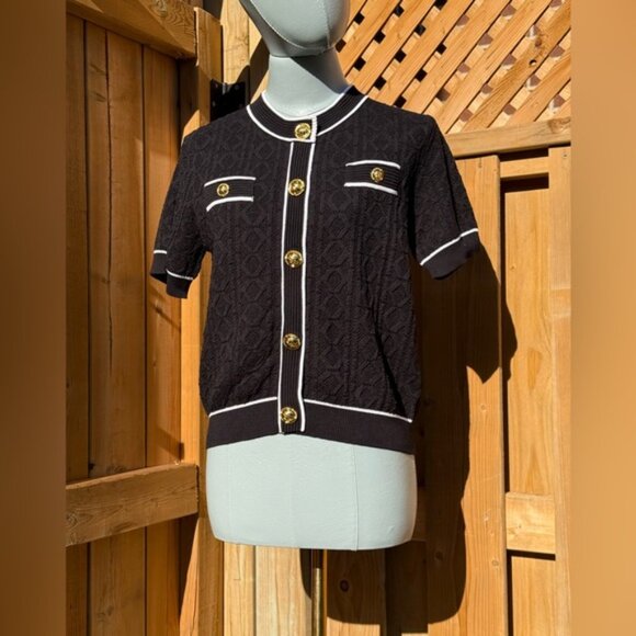 🆕 KARL LAGERFELD 🧿 NWT Black Classic Jacquard Knit Short Sleeve Sweater SzL - Picture 9 of 16